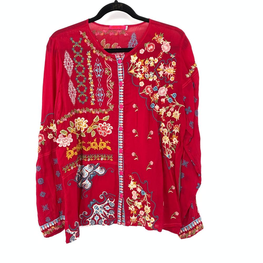 Johnny Was L Red Floral Embroidered Blouse Tunic Boho Long Sleeve Button Front